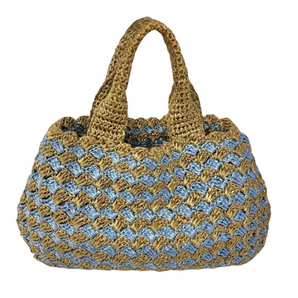 PRADA Vintage Logo Raffia Tote Bag Stripe Blue Beige Polyethylene Snap [105516] - Picture 6 of 14